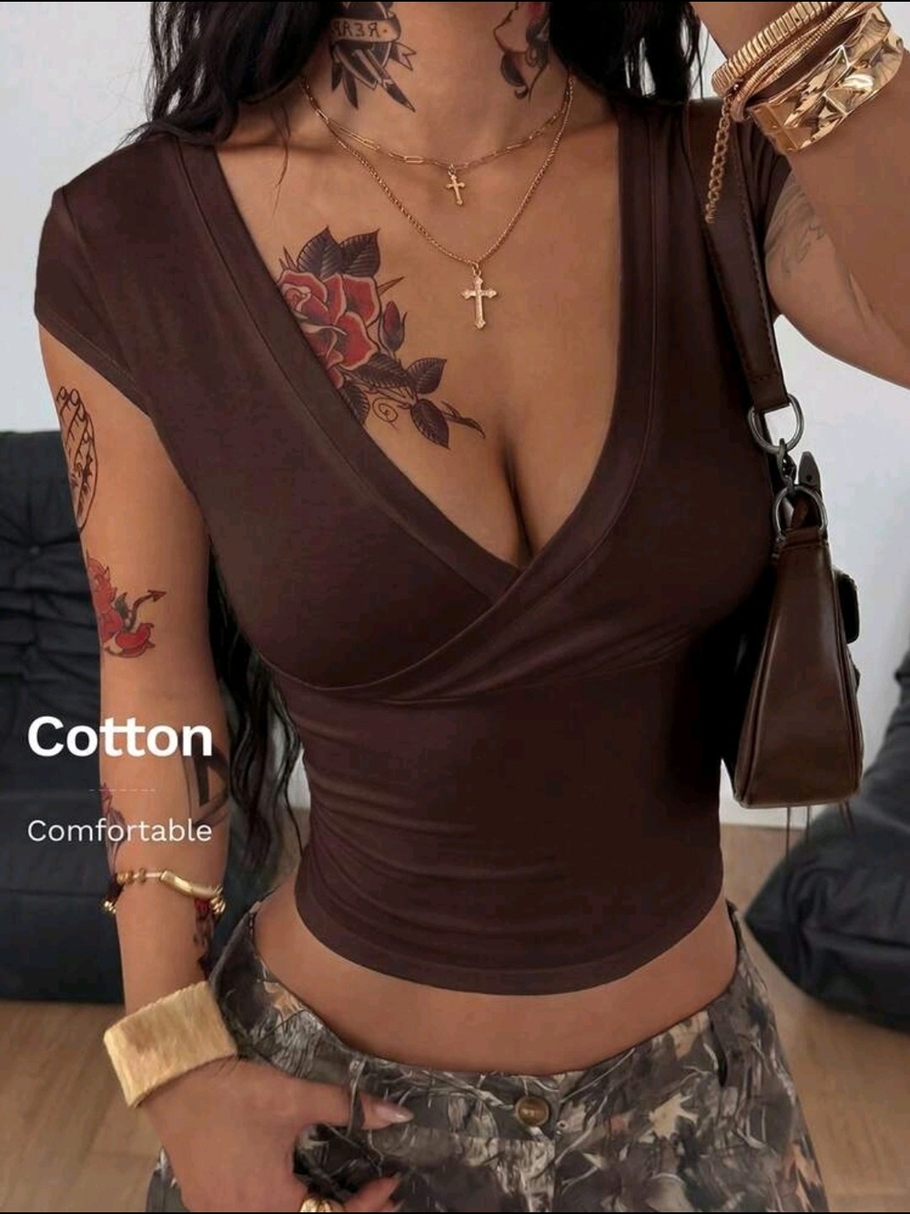 SHEIN Brown V-Neck Cotton Wrap Crop Top